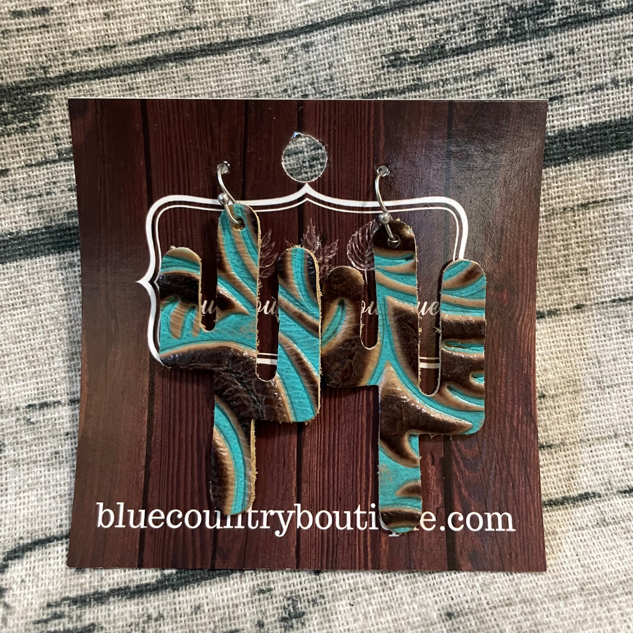 Teal/Brown Swirl Cactus Leather Earring