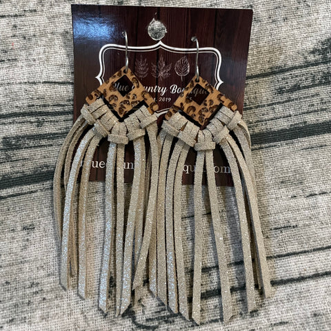 Wood Leopard/Shimmer Fringe Leather Earrings
