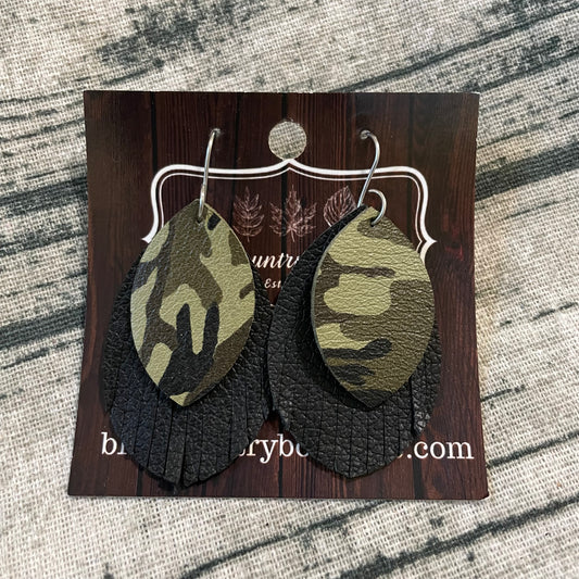 Camo with Black Fringe Leaf Leather Earring