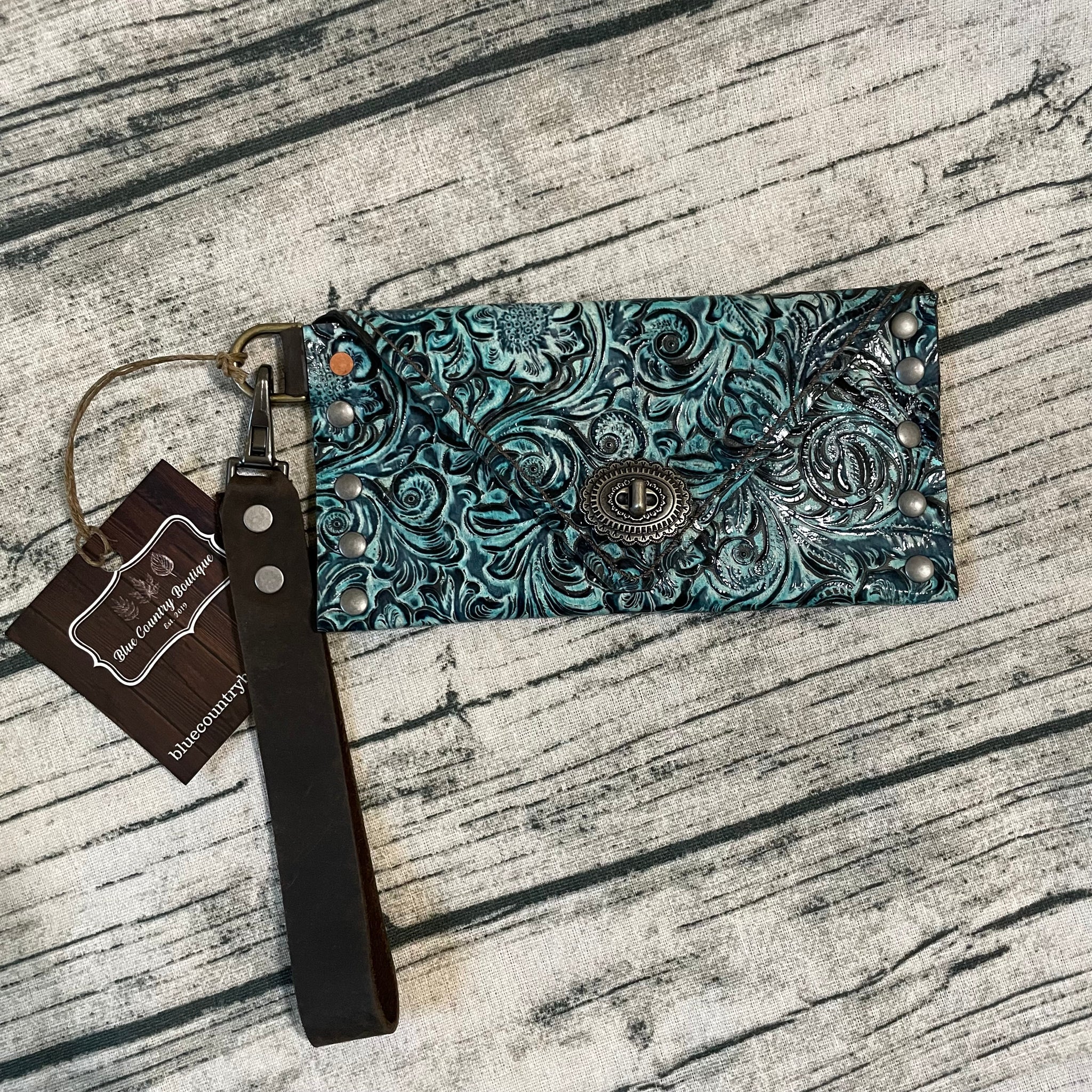 Turquoise Western Floral Small Envelope Clutch