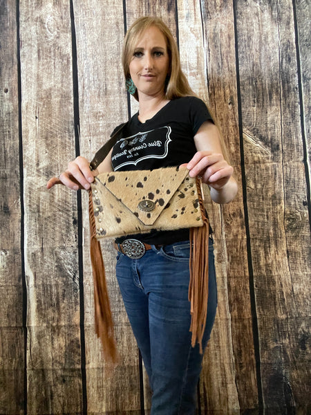 Hair On Chocolate and Tan Leather Medium Envelope Clutch