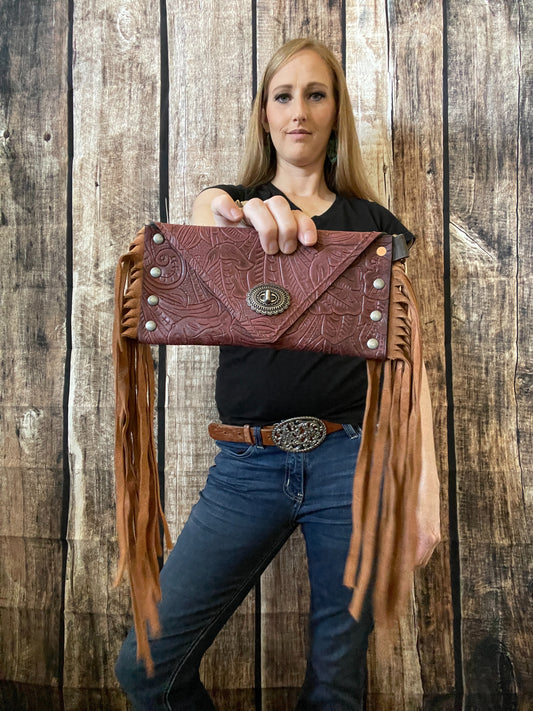 Burgundy Western Floral Small Envelope Clutch