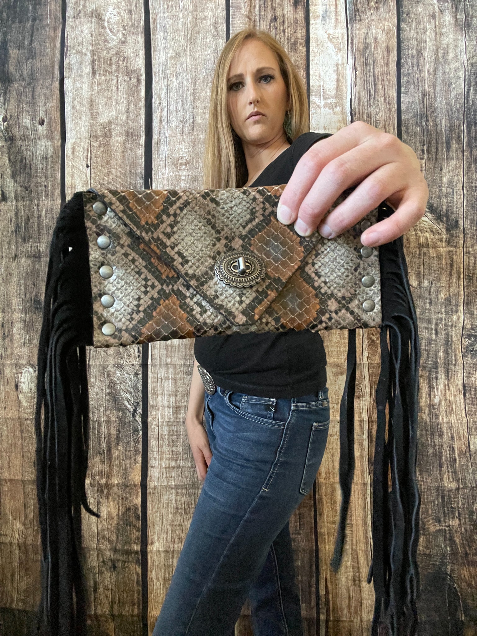 Snake Embossed Small Leather Envelope Clutch